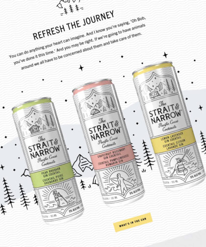 A shot of a website page featuring three Strait & Narrow drinks and hand-drawn illustrations of trees, mountains, and stars.