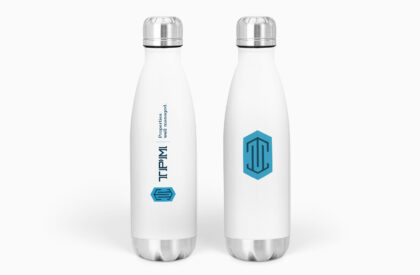 Two water bottles branded with TPM.