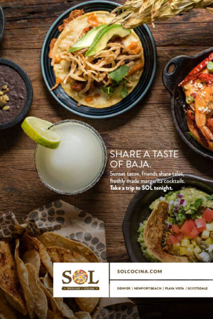 An ad for Sol Cocina featuring a drink and some dishes.
